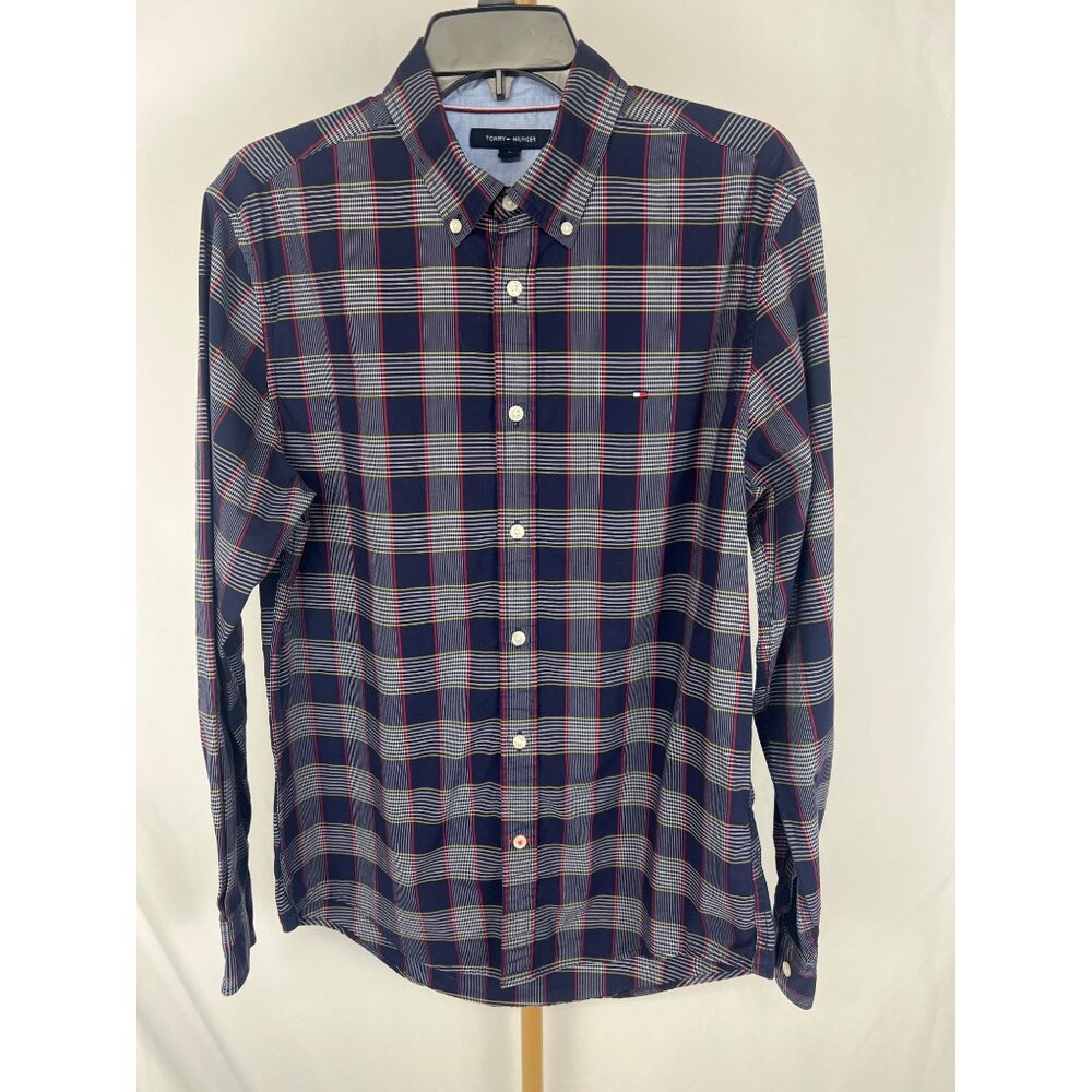 Tommy Hilfiger Mens Navy & Red Plaid Slim-Fit Button-Down Shirt Size M 98% Cotto